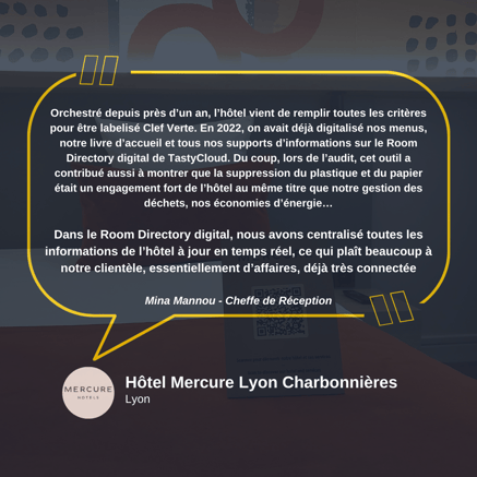 Témoignage de l'hôtel Mercure Lyon Charbonnières sur le Room Directory digital de TastyCloud