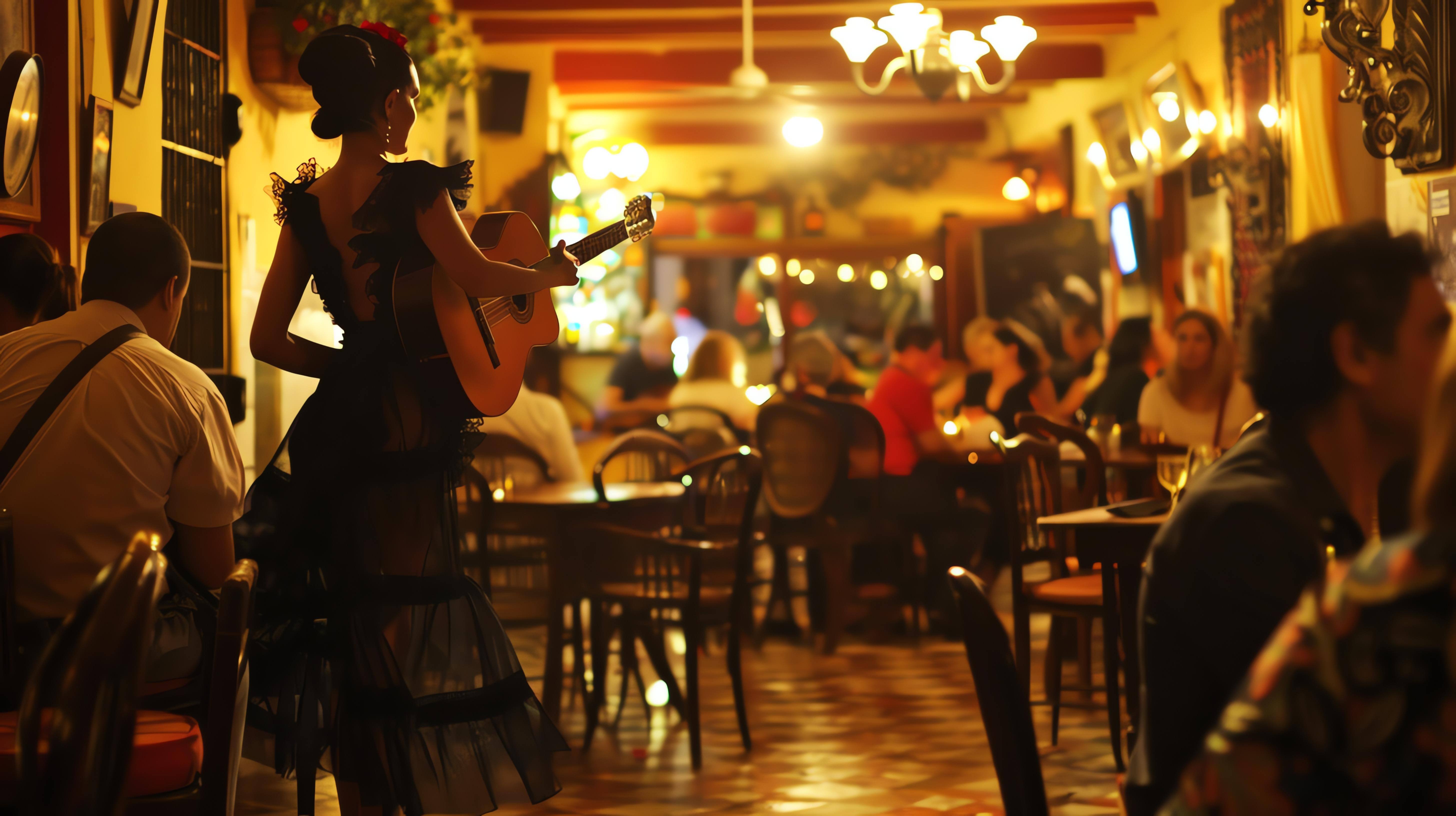 woman-black-dress-is-playing-guitar-singing-restaurant-restaurant-is-full-people-who-are-eating-drinking-talking